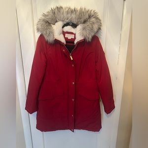 Michael Kors women’s red hooded parka coat, gold zipper and buttons, size L